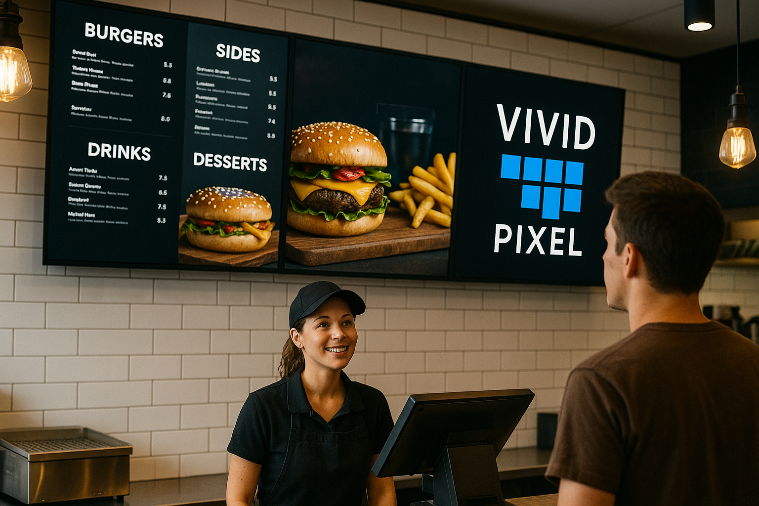 Vivid Pixel menu board system in a quick-service aria-labelledby=